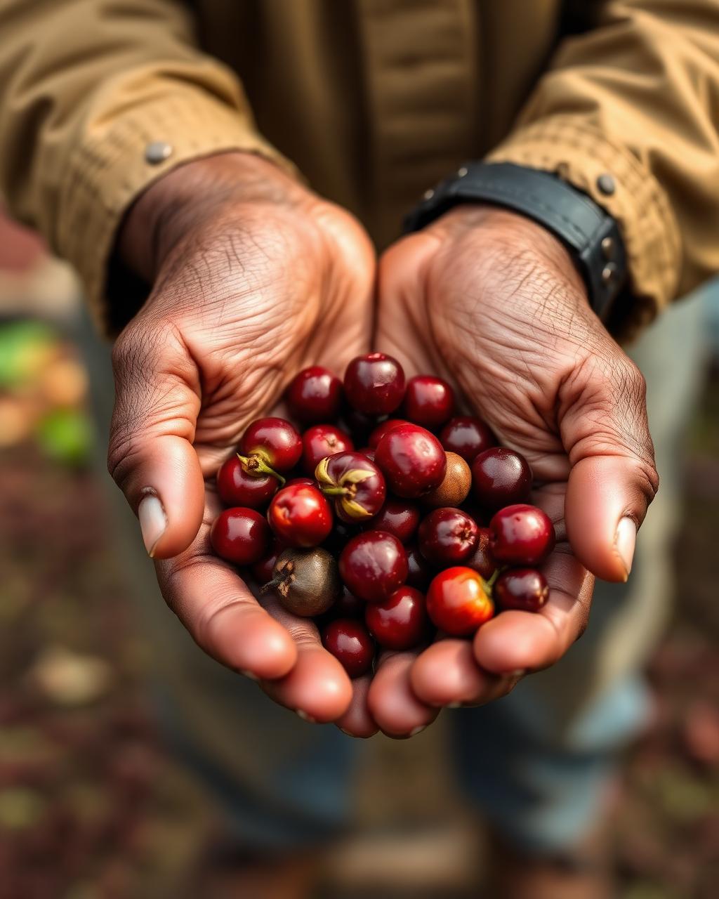 Manos de caficultor sosteniendo cerezas de café maduras