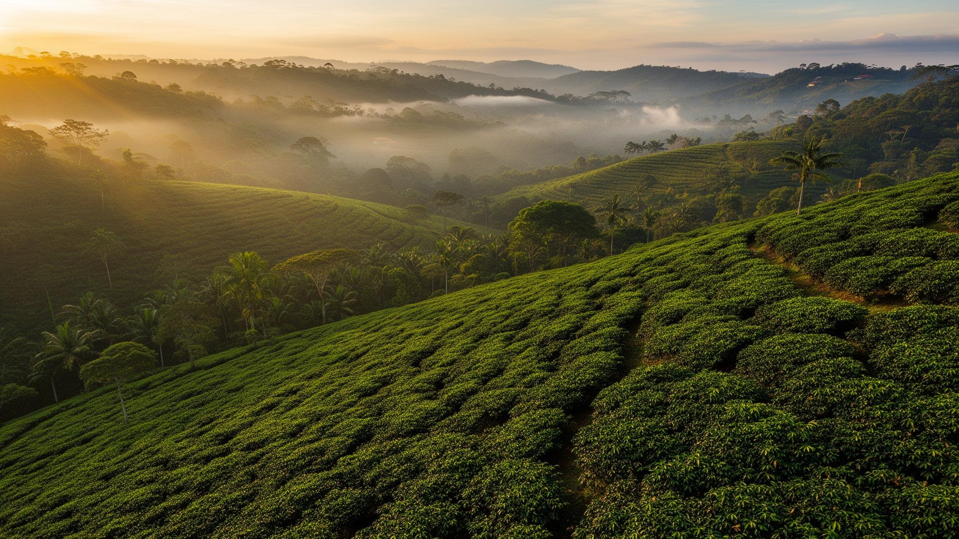 Paisaje cafetero de Caldas al amanecer con montañas verdes y neblina